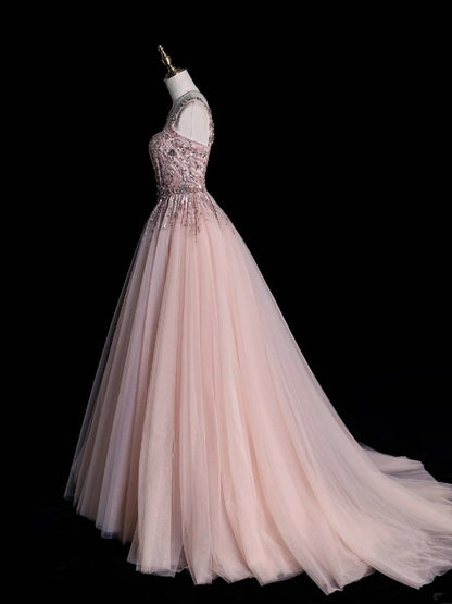 Elegant Ball Gown Square Neck Pink Tulle Long Prom Dresses For Teens Evening Outfits Formal Dress N1084