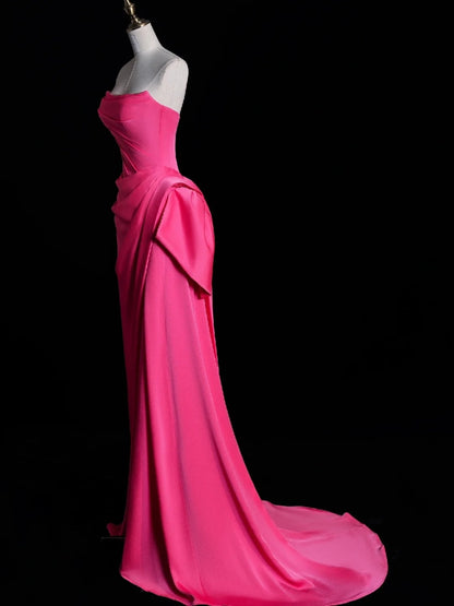 Simple Mermaid Strapless Pink Satin Pleated With Satin Long Prom Dresses Formal Gowns N849
