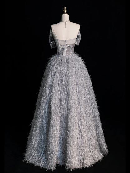Princess Ball Gown Sweetheart Grey With Bow Feathers Tulle Long Formal Evening Dress Gowns Formal Prom Dresses N751