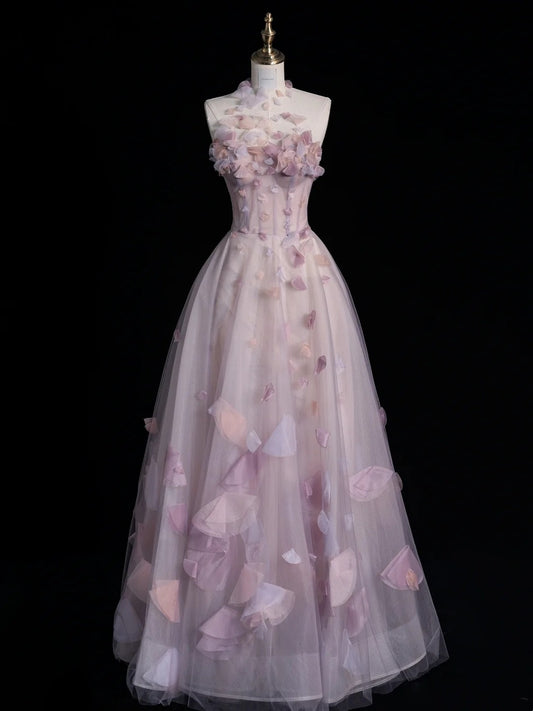 Modest A line High Neck Pink Floral Tulle Prom Dresses Inspiration Party Gowns Princess Formal Dress N770