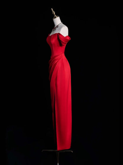 Chic Sheath Off The Shoulder Red Satin Slit Senior Prom dresses High School Long Formal Dress N1271