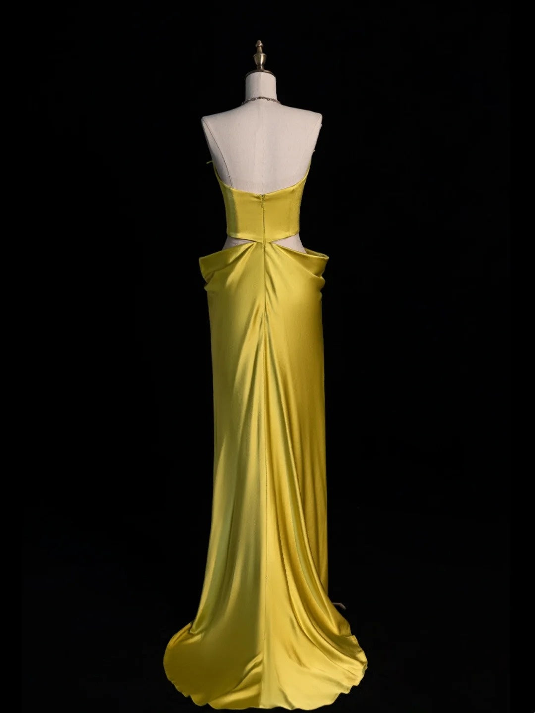 Modest Mermaid Strapless Yellow Satin Sleeveless Senior 80s Prom Dresses High School Long Formal Dress N1339