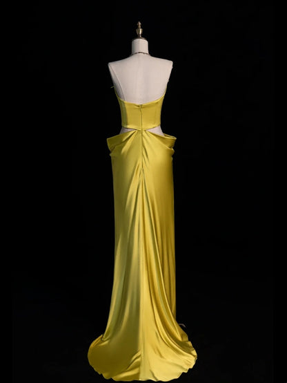 Modest Mermaid Strapless Yellow Satin Sleeveless Senior 80s Prom Dresses High School Long Formal Dress N1339