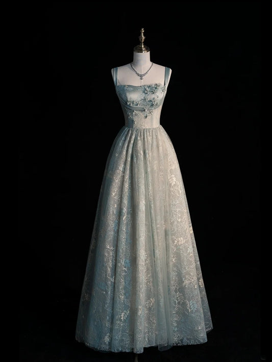 Modest A line Square Neck Sage Green Tulle Lace Prom Dresses Inspiration Party Gowns Princess Formal Dress N761