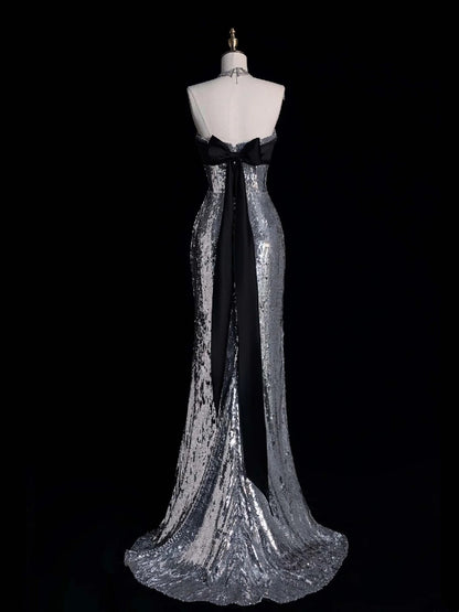 Sparkly Mermaid Strapless Grey Sequin Sleeveless Long Prom Dress For Women Girls Evening Dresses N666