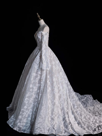 Fairytale Fantasy Art Wedding Dresses Ball Gown Sweetheart Lace White With Long Sleeves Train Brides Dress Fitted Bridal Gowns N651