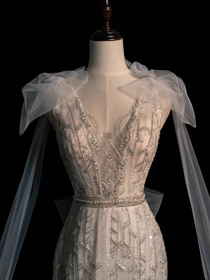 Sparkly Wedding Dresses Mermaid V Neck Ivory Sequins Long Brides Dress Fitted Bridal Gown N1353