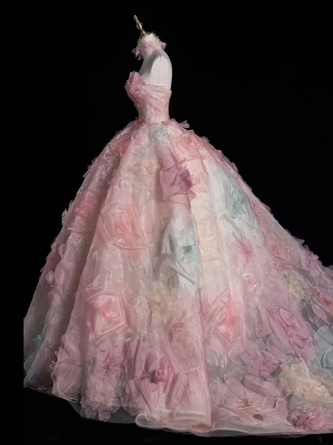 Modest Ball Gown Strapless Pink Floral Tulle Prom Dresses Inspiration Party Gowns Princess Formal Dress N755