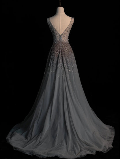 Modest A line V Neck Grey Tulle With Beadings College Formal Outfits Long Prom Inspo Graduation Dresses N1230