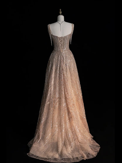Beautiful Ball Gown Square Neck Champagne Sequins Long Prom Dresses Inspiration Evening Gowns Formal Dress N1226
