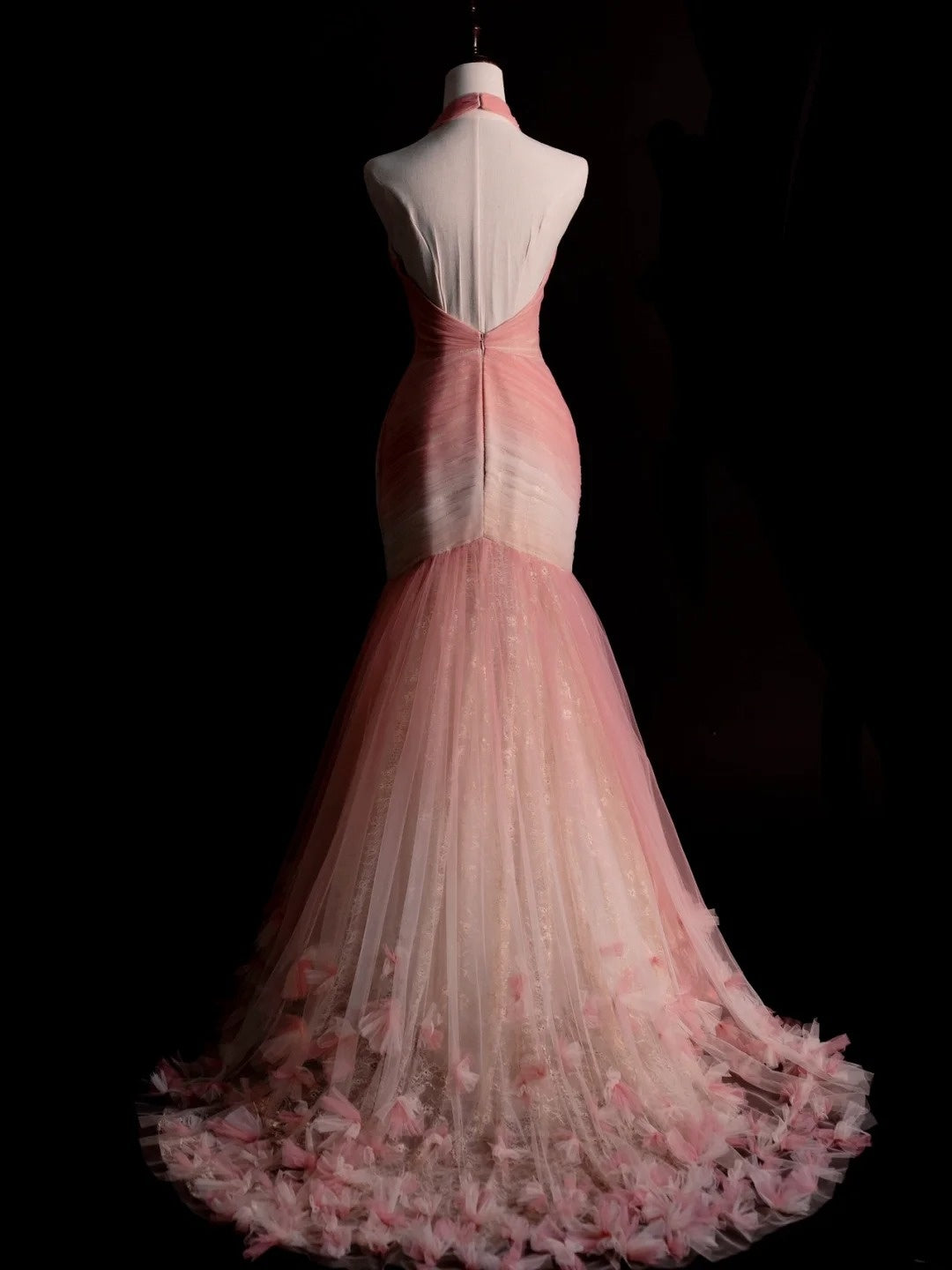 Classy Mermaid Halter Tulle Pink College Formal Outfit Long Prom Dress Graduation Dresses N1229