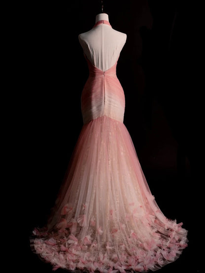Classy Mermaid Halter Tulle Pink College Formal Outfit Long Prom Dress Graduation Dresses N1229