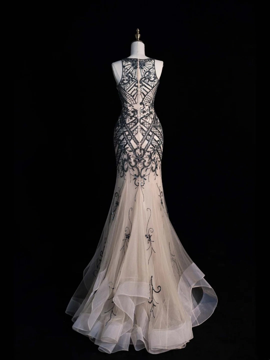 Vintage Mermaid Jewel Neck Champagne Tulle Prom Dresses Long Formal Party Gown N1350