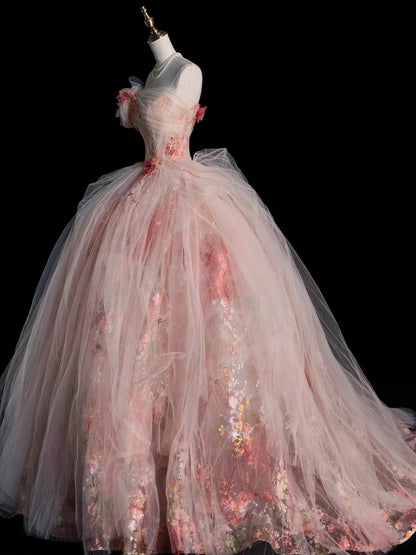 Modest Ball Gown Strapless Pink Floral Tulle Prom Dresses Inspiration Party Gowns Princess Formal Dress N756