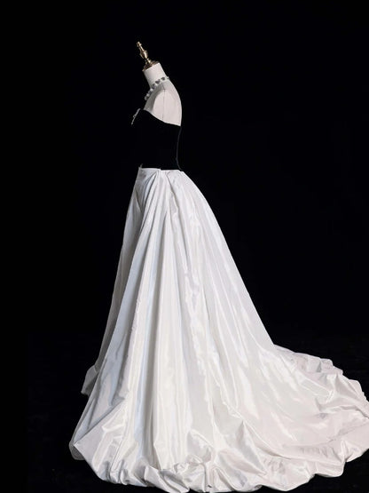 Modest Ball Gown Sweetheart Black Top White Satin Long Prom Dress For Women Girls Evening Dresses N650