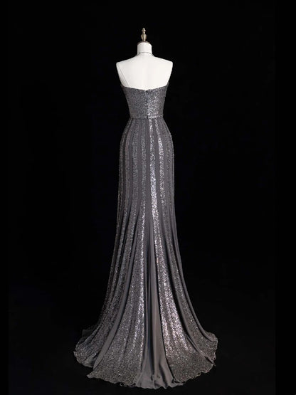 Sparkly Mermaid Strapless Silver Grey Sequins Senior Prom Dresses High School Long Formal Dress N1282