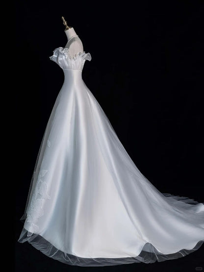 Pretty Ball Gown Off The Shoulder White Satin Brides Gown Bridal Dress Style Long Wedding Dresses RB6561