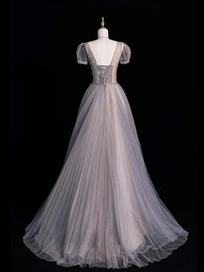 Beautiful Ball Gown V Neck Tulle With Short Sleeves Long Prom Dresses Inspiration Evening Gowns Formal Dress N1225