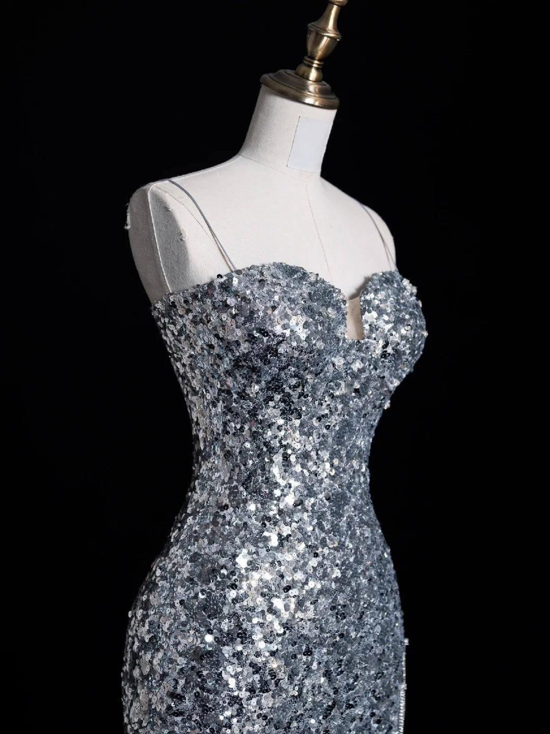 Chic Mermaid Spaghetti Strap Silver Gray Sequins Senior Prom dresses High School Long Formal Dresses N1269