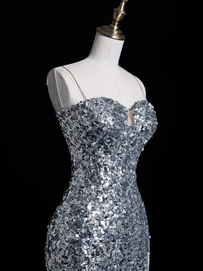 Chic Mermaid Spaghetti Strap Silver Gray Sequins Senior Prom dresses High School Long Formal Dresses N1269