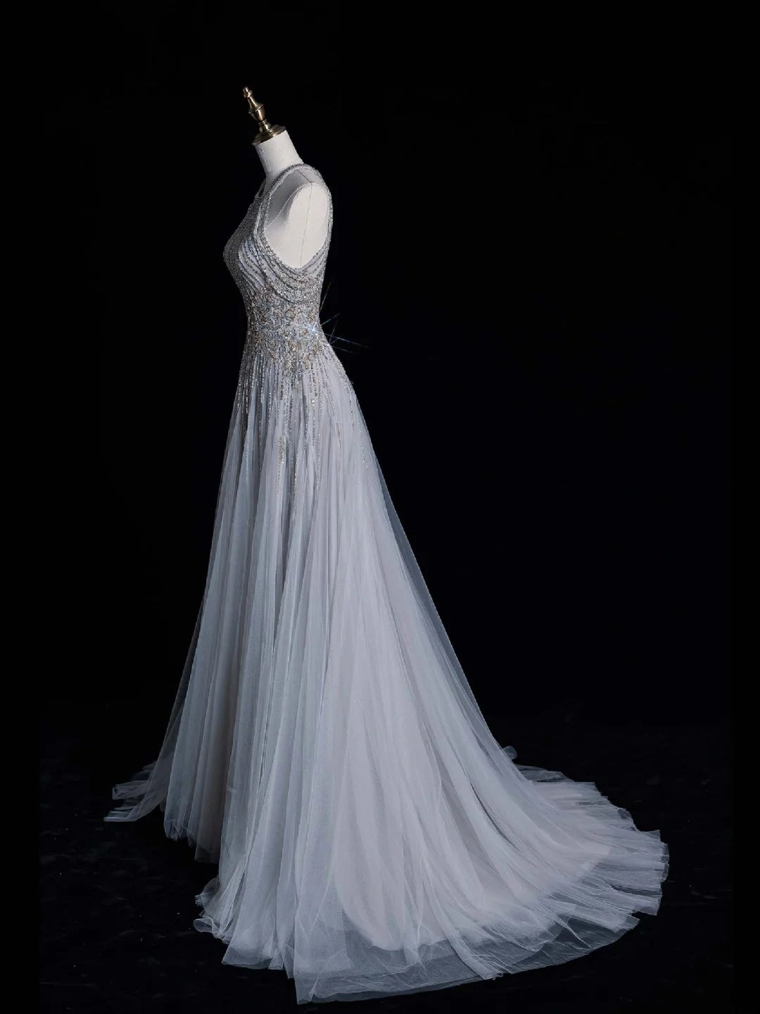 Chic A line Halter Silver Gray Sequins Senior Prom dresses High School Long Formal Dresses N1270