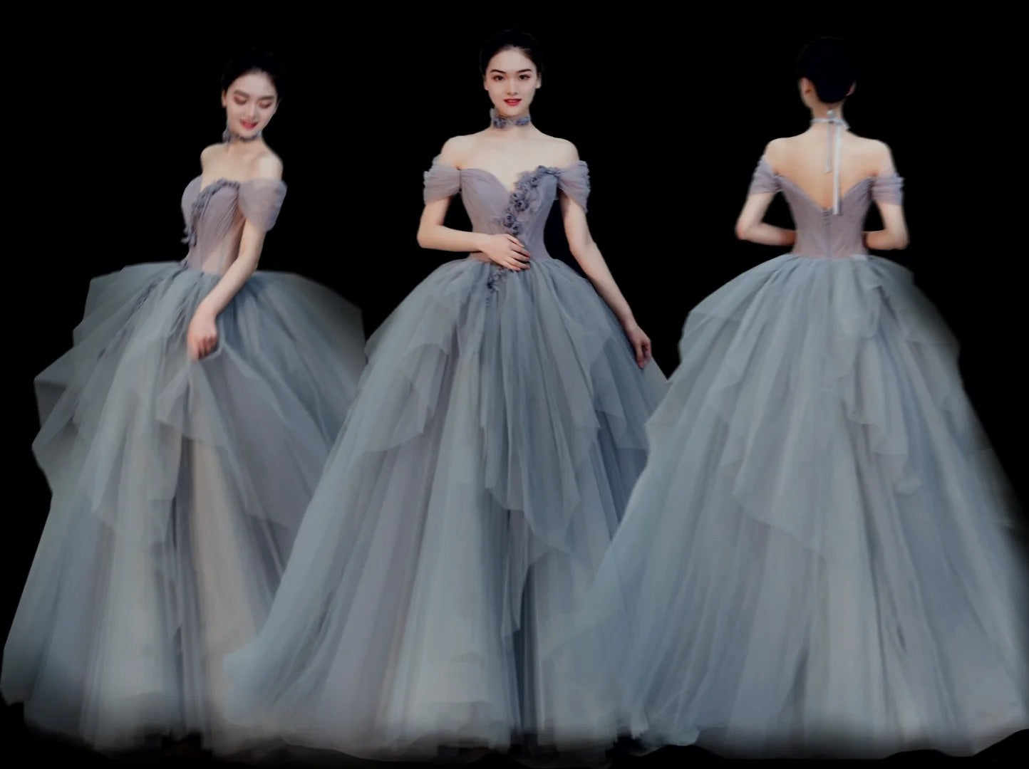 Modest Ball Gown Off The Shoulder Silver Tulle Prom Dresses Inspiration Party Gowns Princess Formal Dress N1280