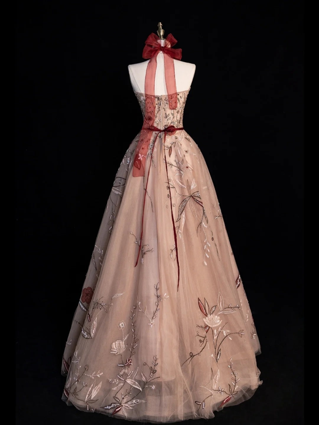 Modest Ball Gown Strapless Sleeveless Tulle Champagne Floral Long Prom Dress For Women Girls Evening Dresses N654