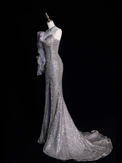Princess Mermaid Sweetheart Grey Sequined With Slit Long Formal Evening Dress Gowns Prom Dresses N743