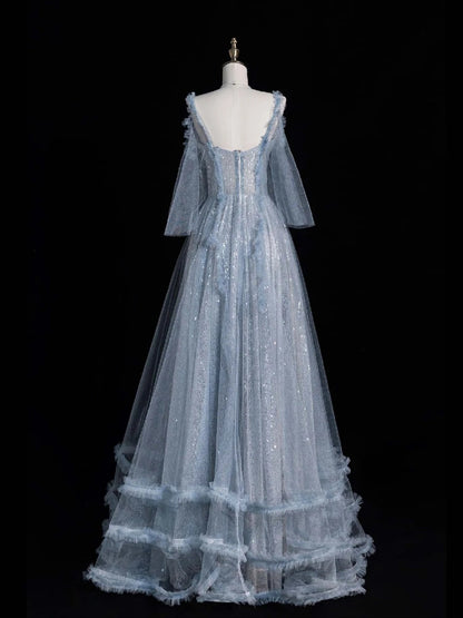 Beautiful Ball Gown Spaghetti Strap Blue Tulle Long Prom Dresses Inspiration Evening Gowns Formal Dress N1223