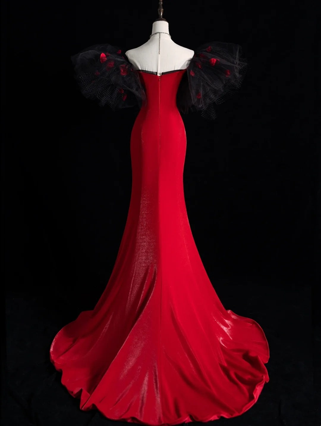 Elegant Mermaid Off The Shoulder Red Satin With Sleeves Floor Length Inspiration Long Prom Dresses N1217