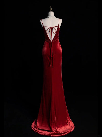 Modest Mermaid Spaghetti Strap Burgundy Velvet Sleeveless Long Prom Dress For Women Girls Evening Dresses N679