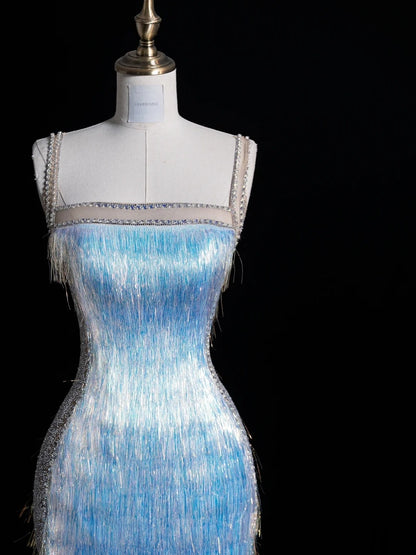 Glittering Mermaid Spaghetti Strap Blue Long Prom Dresses Inspo 18th Birthday Outfits Formal Dress N487