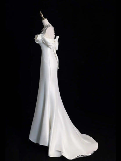 Modest Mermaid Sweetheart With Straps Sleeves White Satin Wedding Dress Long Fairytale Autumn Wedding Dresses N514