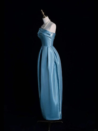 Gorgeous A Line Strapless Blue Satin Long Formal Evening Dress Gowns Prom Dresses N740