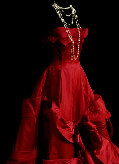 Retro Ball Gown Strapless Red 60s Prom Dresses Fashion Evening Gowns Long Formal Party Dress N831