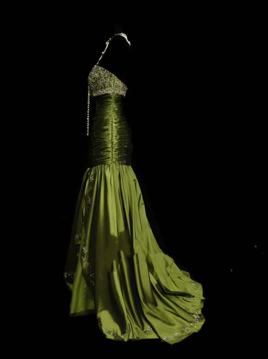 Vintage Prom Dresses Aesthetic Mermaid Sweetheart Green Satin With Beaded Crystals Bodice Inspo Formal Party Gowns N1825