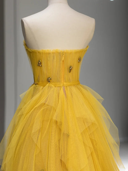 Princess Prom Dresses Ball Gown Strapless Yellow Tulle Sweet 16 Evening Long Formal Dress RB4004