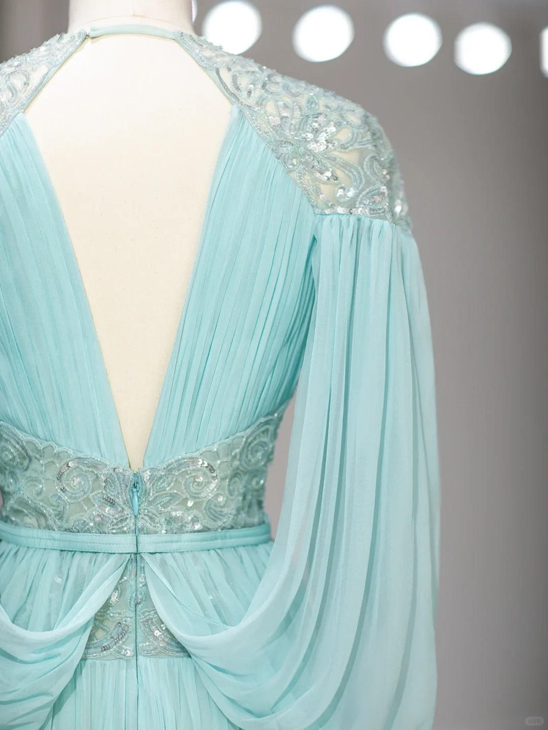 Beautiful A Line V Neck Blue Chiffon With Sleeves Long Prom Dresses Inspo Formal Outfits RB3992