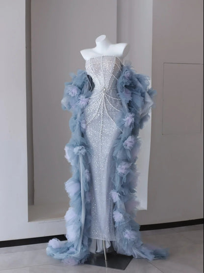 Sparkly Prom Dresses Mermaid Strapless Light Sky Blue Sequined With Beading Long Formal Gown N2921