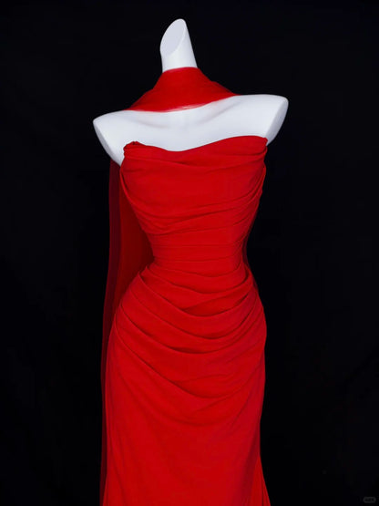Romantic Mermaid Strapless Red With Scarf Tulle Formal Dress Long Prom Dresses N2827