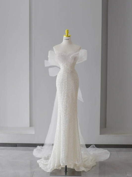 Princess Wedding Dresses Mermaid Off The Shoulder White With Short Sleeves Bridal Gown N3088