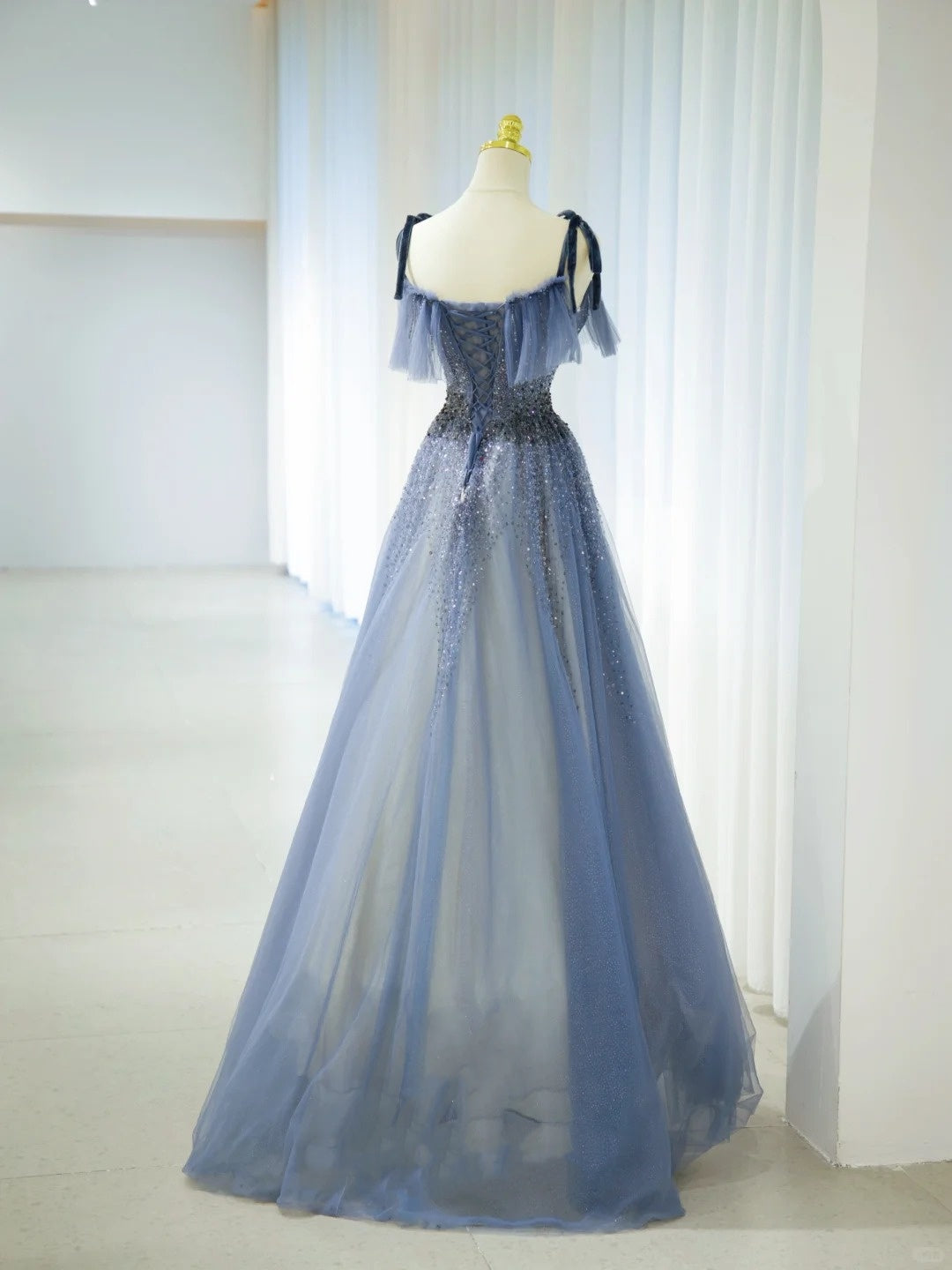 Romantic A Line Spaghetti Strap Dusty Blue Grey With Beading Formal Dress Long Prom Dresses N2856