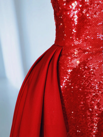 Vintage Mermaid Strapless Red Sequin With Train Floor Length Prom Dress Inspiration Long Sequin Prom Dresses A050