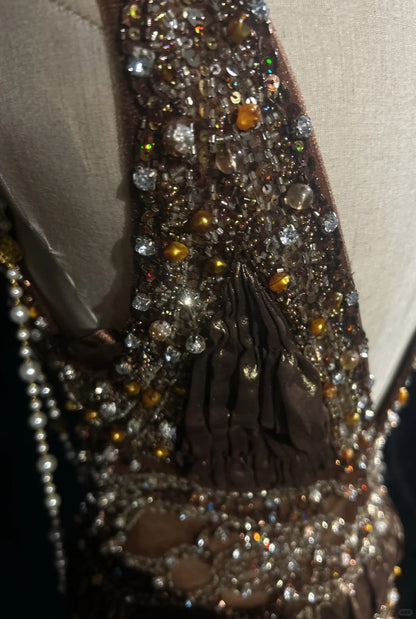 Vintage Prom Aesthetic Dresses Mermaid V Neck Brown Satin With Beading Gem Long Formal Dress N3021