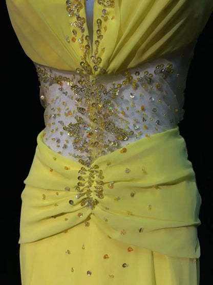 Vintage Prom Dresses A Line Halter V Neck Yellow Chiffon Backless 1990s Long Formal Evening Gown N2640