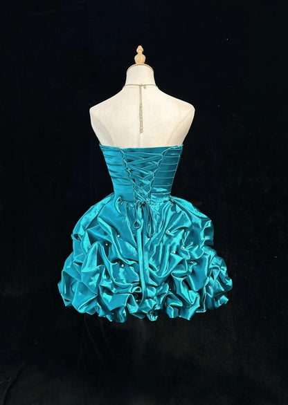 Vintage Ball Gown Sweetheart Blue Satin 12th Grad Short Mini length Aesthetic Look Homecoming Dresses RB4337