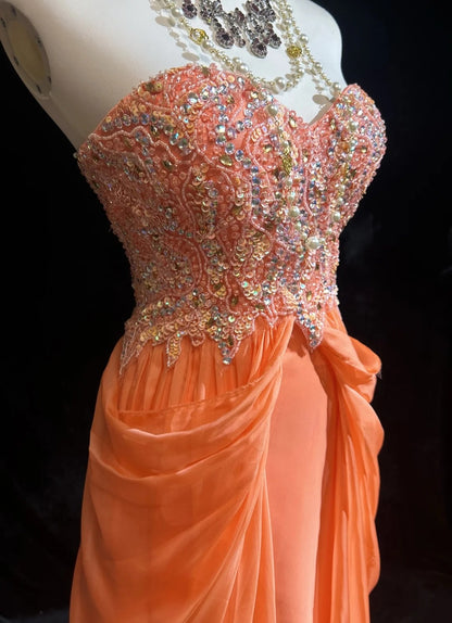 Vintage Prom Dresses A line Sweetheart Orange Ruffled Chiffon 1990s Formal Evening Gown N2666