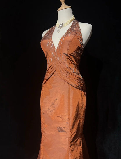 Vintage Prom Dresses Mermaid Halter Orange Taffeta With Beads 90s Long Evening Gown N2917
