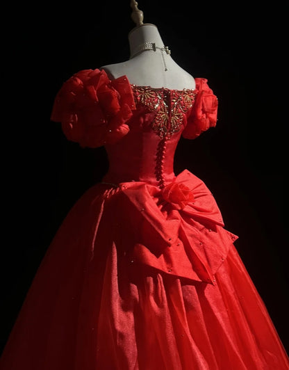 Vintage Prom Dresses Ball Gown Square Neck Red Organza Long 70s Beads Formal Gown N2606