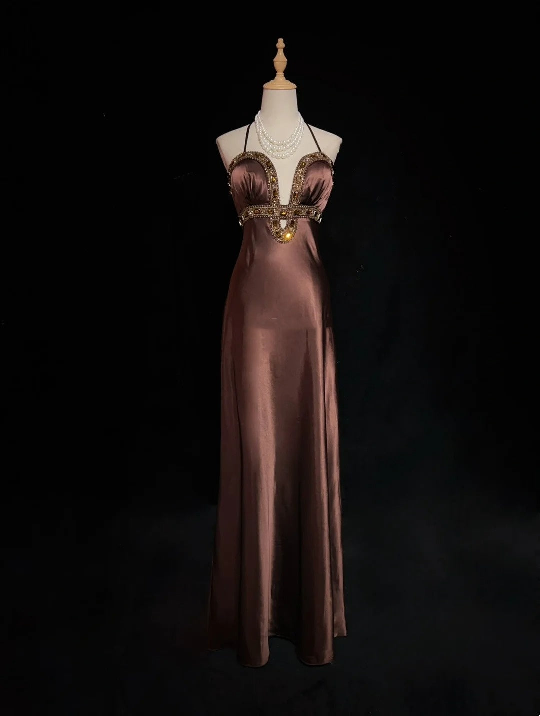 Vintage Prom Dresses A Line Halter Brown Sleeveless Satin 1980s Long Formal Gown N2859